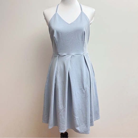 Glory Sunshine Baby Blue Deep V Neck A Line Pleated Mini Cocktail Party Dress XL - Picture 2 of 11